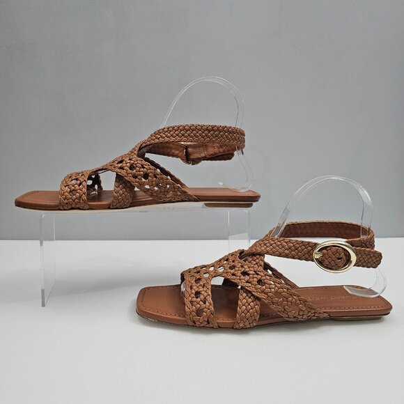 Stuart Weitzman Thea Sandal Womens 8 Tan Woven Leather Flat Summer Designer - Picture 2 of 14